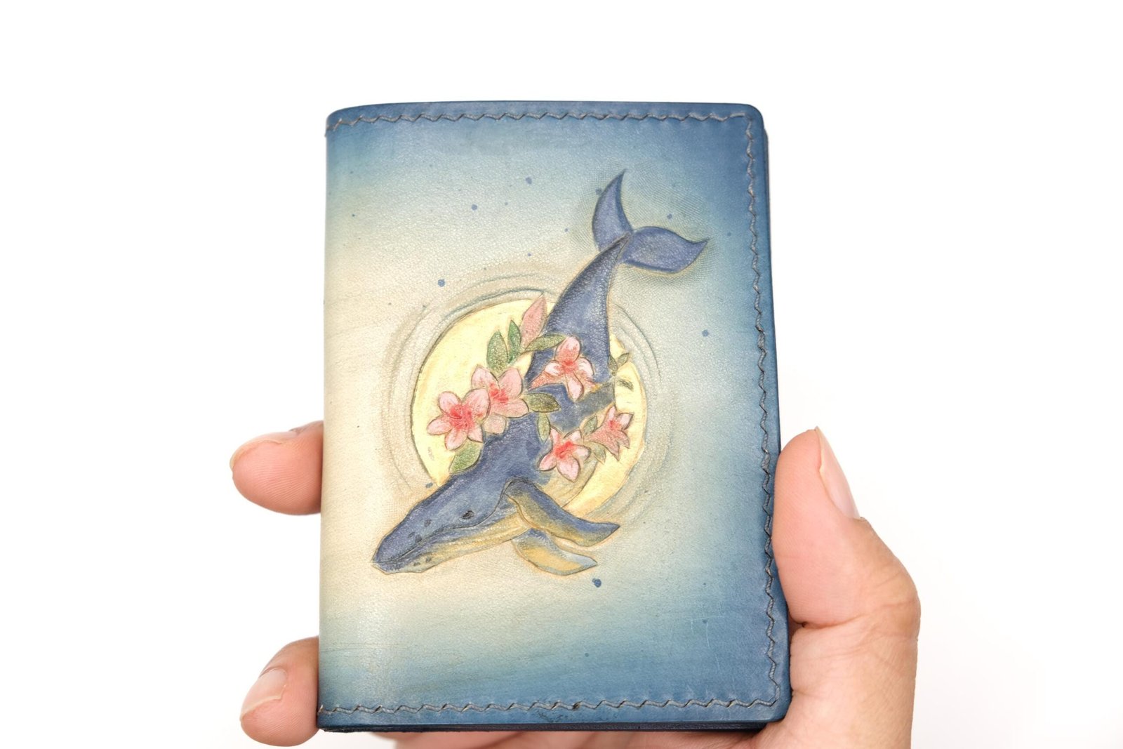 Mini Leather Wallet with Hand-Carved Whale and Roses – Floral Ocean Wallet, Whale Lover Gift - Image 2