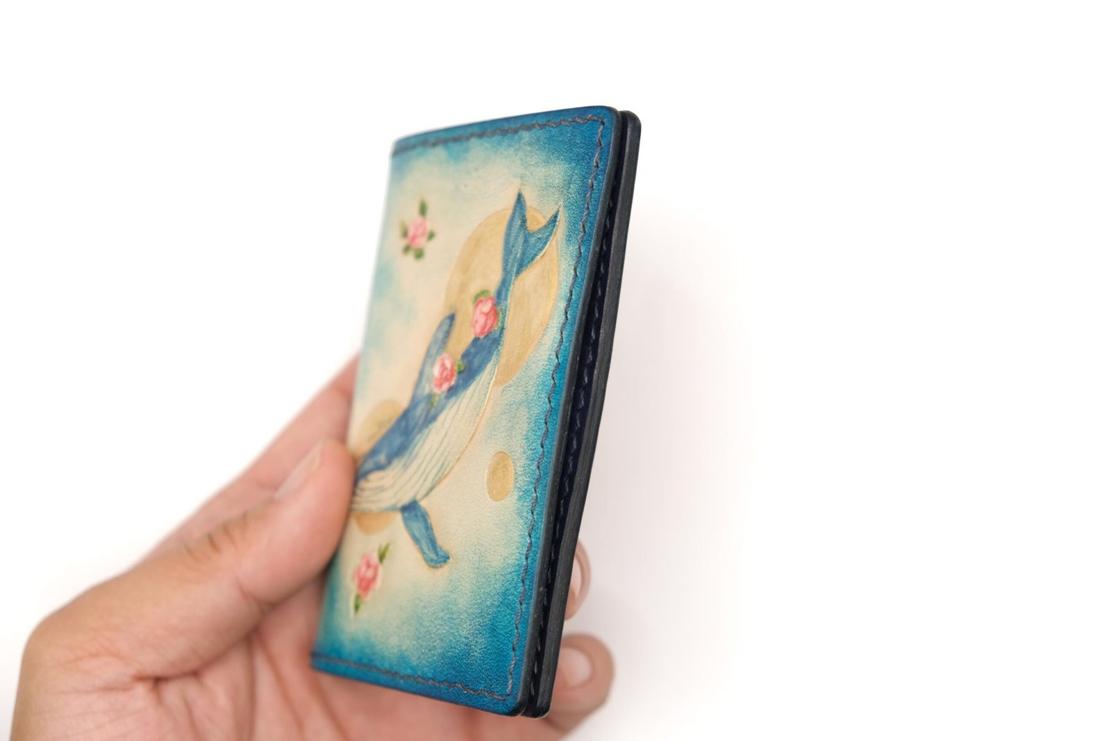 Mini Leather Wallet with Hand-Carved Whale & Roses – Ocean Floral Wallet, Blue Whale Gift - Image 6