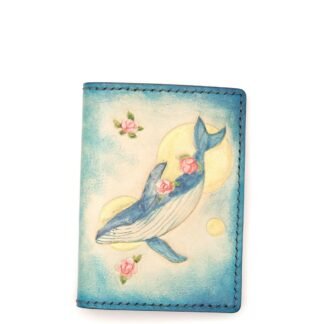 Mini Leather Wallet with Hand-Carved Whale & Roses – Ocean Floral Wallet, Blue Whale Gift