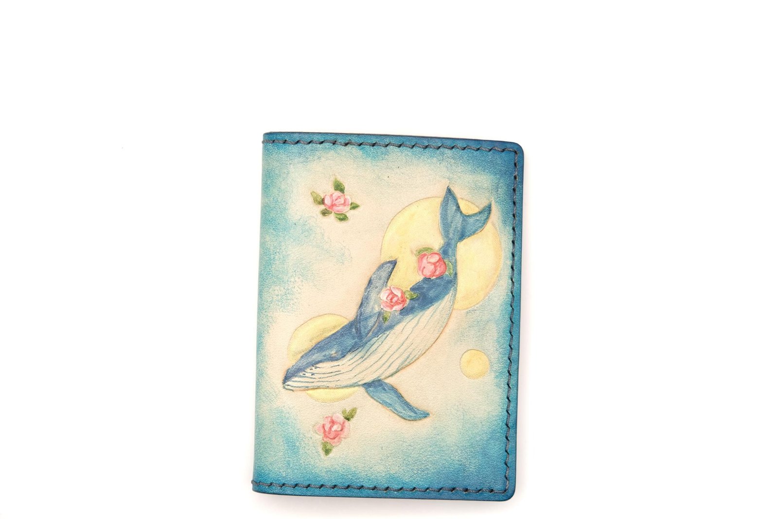 Mini Leather Wallet with Hand-Carved Whale & Roses – Ocean Floral Wallet, Blue Whale Gift