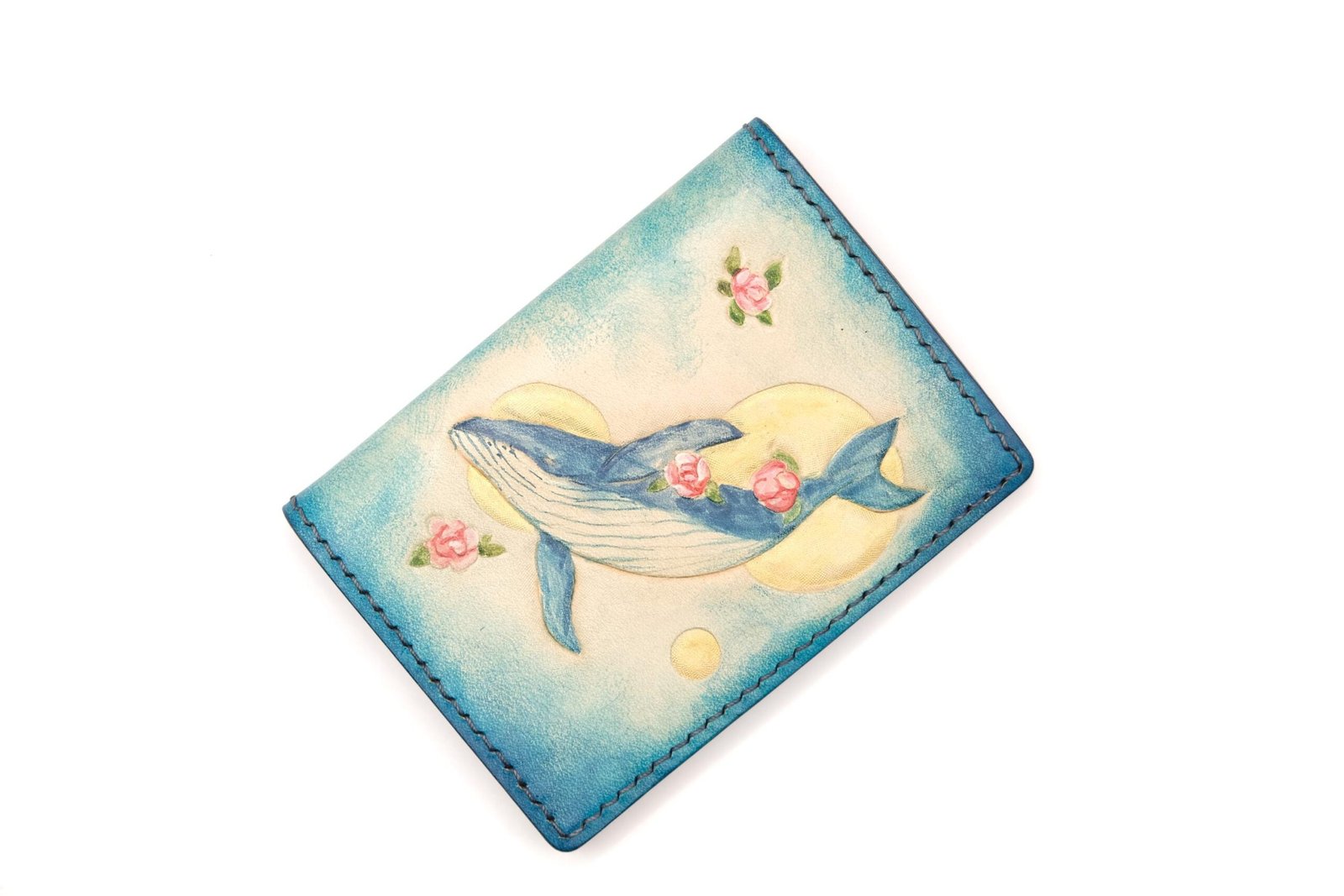 Mini Leather Wallet with Hand-Carved Whale & Roses – Ocean Floral Wallet, Blue Whale Gift - Image 4