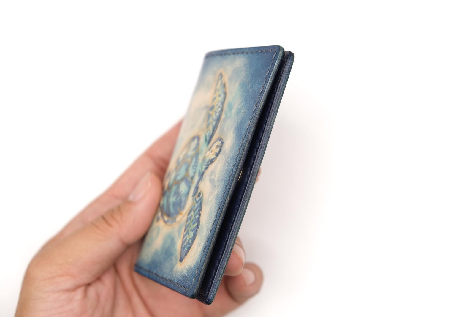 Mini Leather Wallet with Hand-Carved Blue Sea Turtle – Honu Wallet, Ocean Lover Gift, Marine Life Art - Image 6
