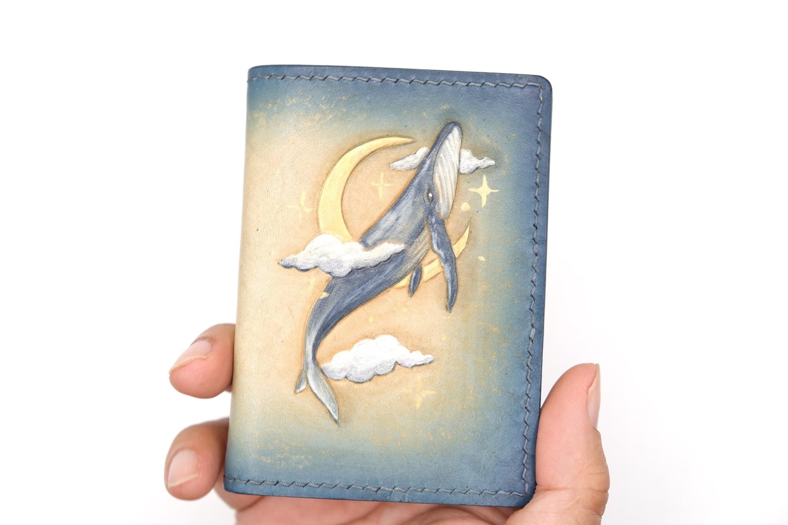 Mini Leather Wallet with Hand-Carved Whale & Moon – Ocean-Inspired Leather Wallet, Dreamy Sky Marine Art - Image 2