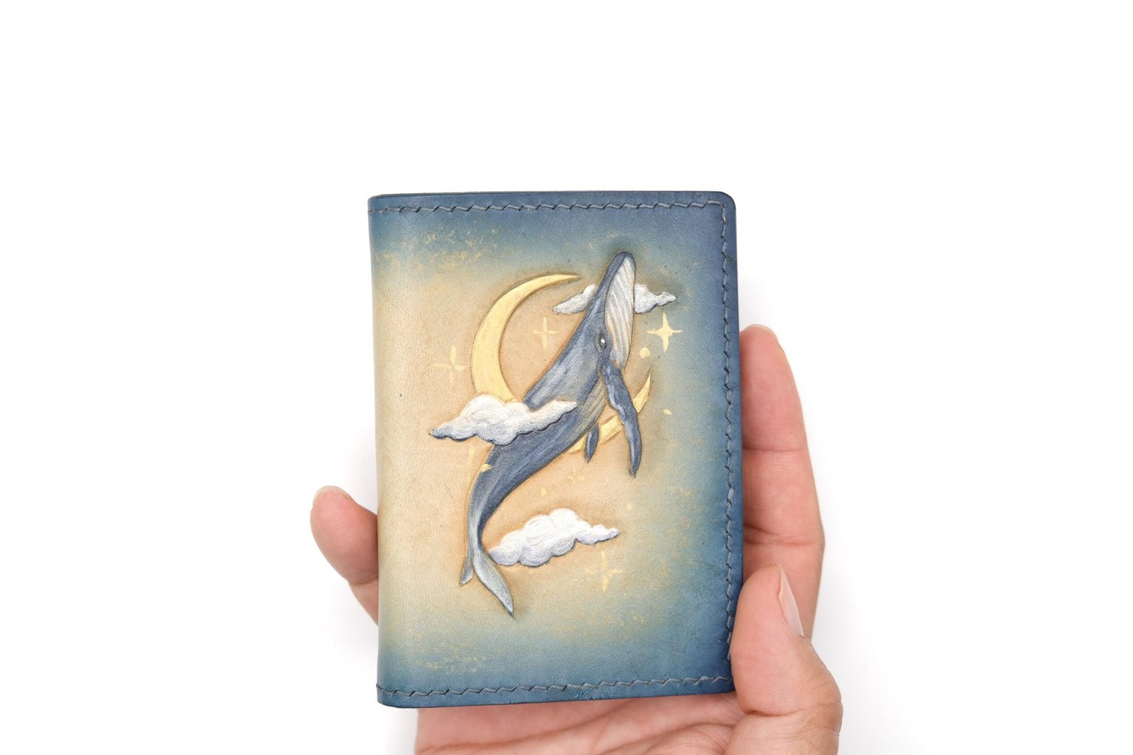 Mini Leather Wallet with Hand-Carved Whale & Moon – Ocean-Inspired Leather Wallet, Dreamy Sky Marine Art - Image 4