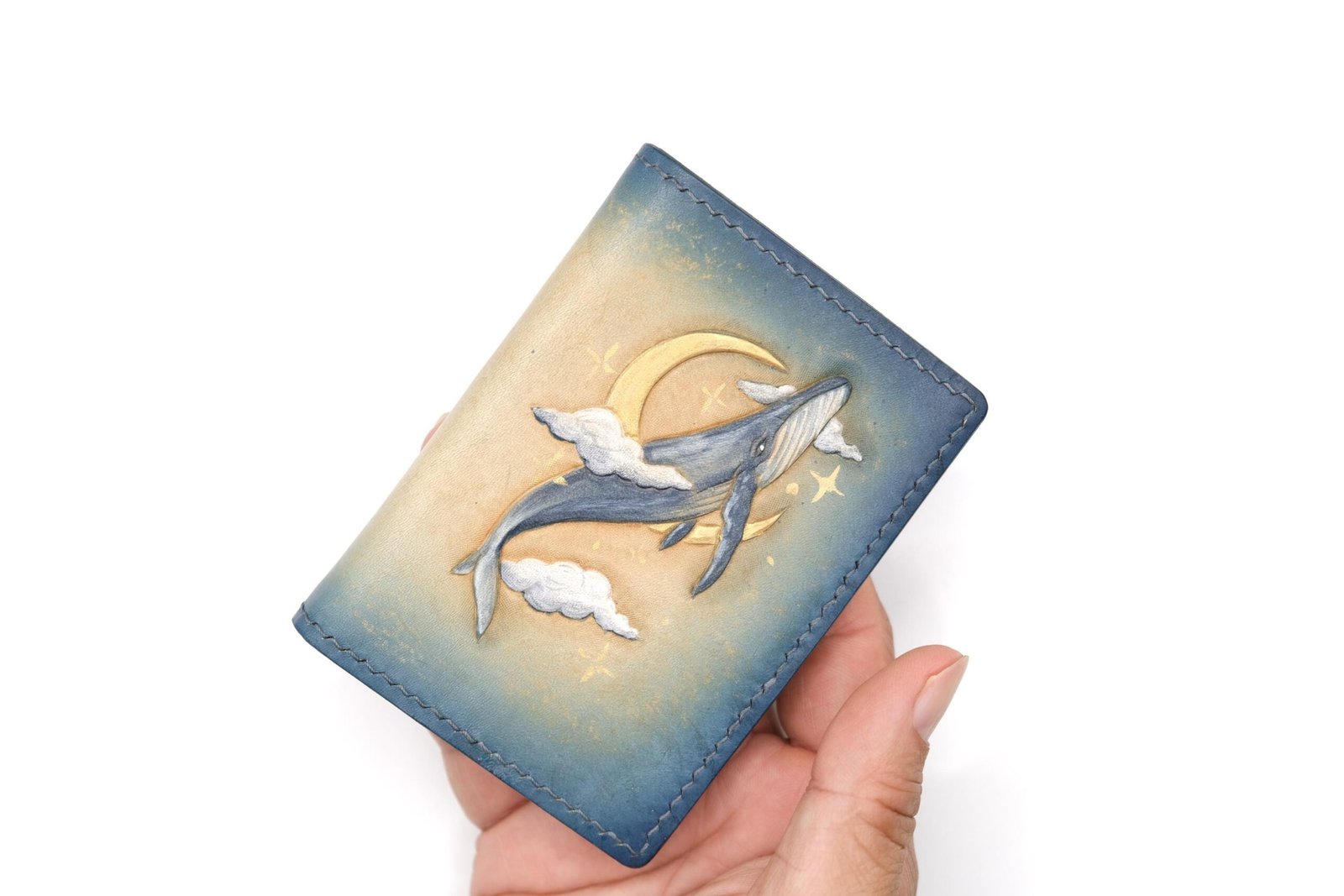 Mini Leather Wallet with Hand-Carved Whale & Moon – Ocean-Inspired Leather Wallet, Dreamy Sky Marine Art - Image 5