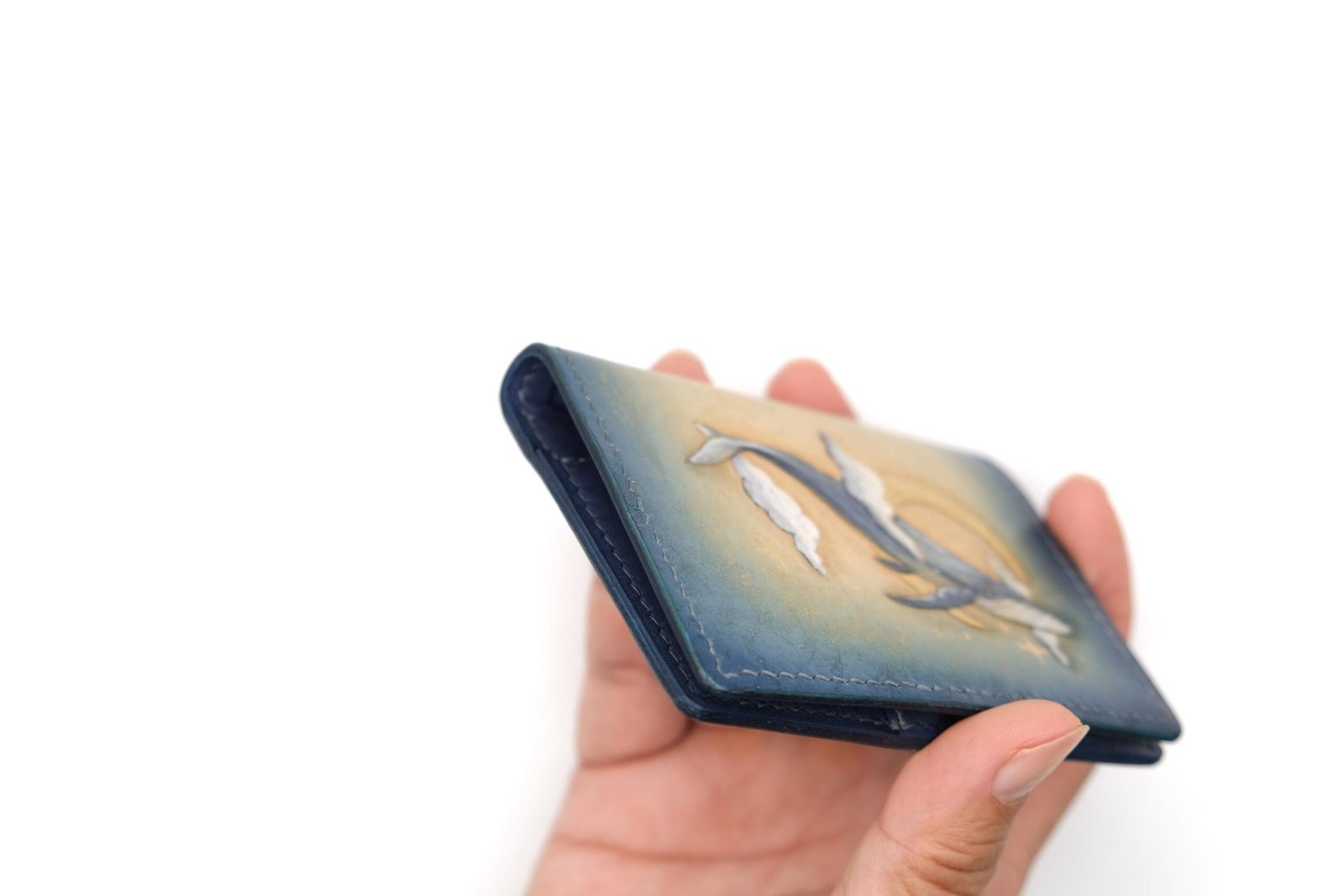Mini Leather Wallet with Hand-Carved Whale & Moon – Ocean-Inspired Leather Wallet, Dreamy Sky Marine Art - Image 7