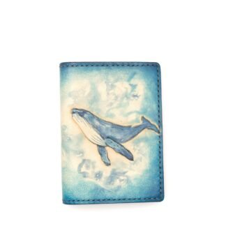Mini Leather Wallet with Hand-Carved Whale – Blue Ocean Slim Wallet, Gift for Ocean Lovers