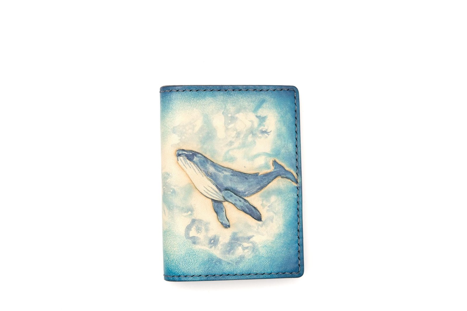 Mini Leather Wallet with Hand-Carved Whale – Blue Ocean Slim Wallet, Gift for Ocean Lovers
