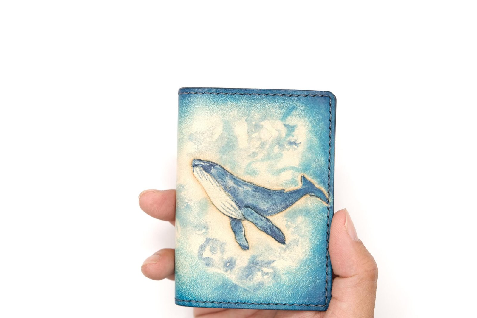 Mini Leather Wallet with Hand-Carved Whale – Blue Ocean Slim Wallet, Gift for Ocean Lovers - Image 5