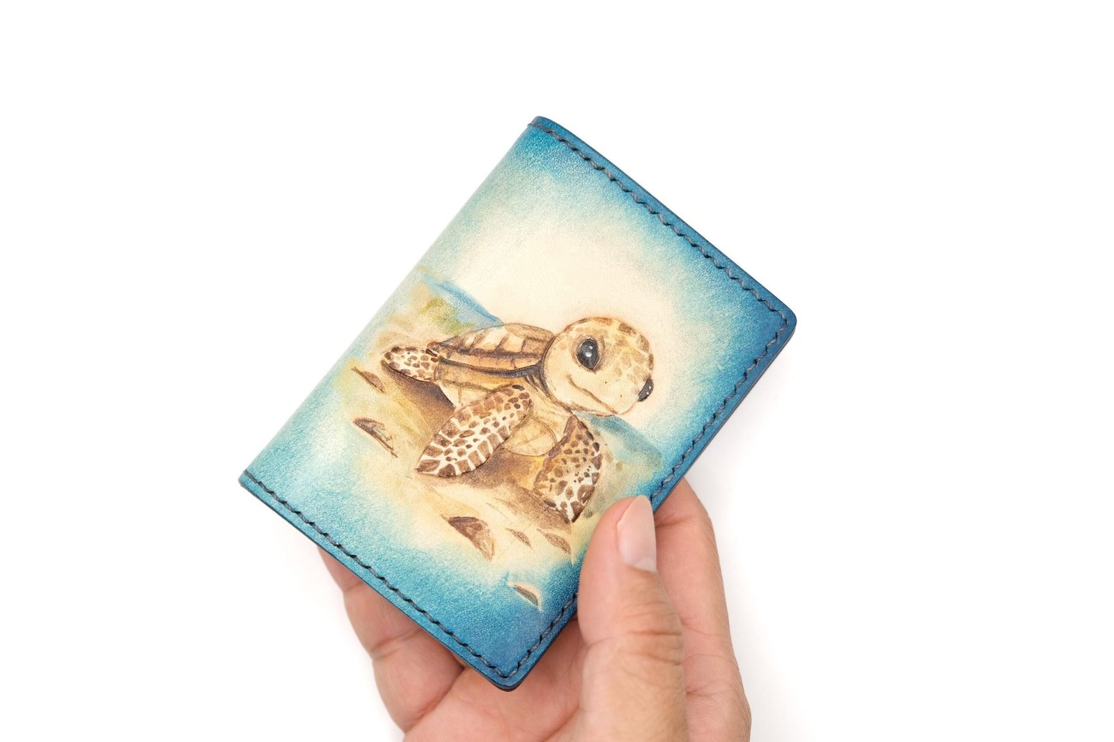 Mini Leather Wallet with Baby Sea Turtle – Hand-Carved Honu Slim Wallet, Ocean Wildlife Art - Image 5