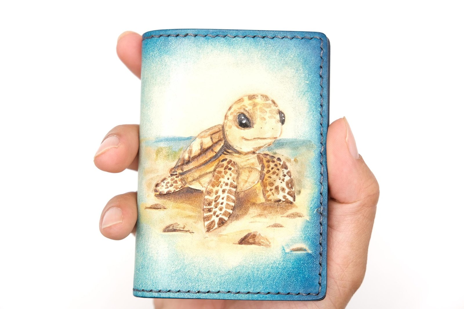 Mini Leather Wallet with Baby Sea Turtle – Hand-Carved Honu Slim Wallet, Ocean Wildlife Art - Image 9