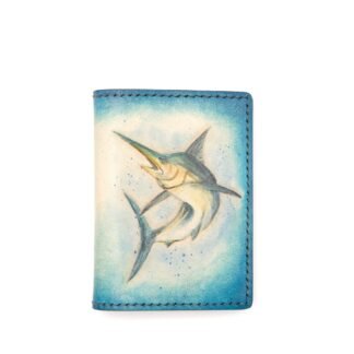 Mini Leather Wallet with Hand-Carved Blue Marlin – Fisherman Gift, Minimalist Wallet for Men