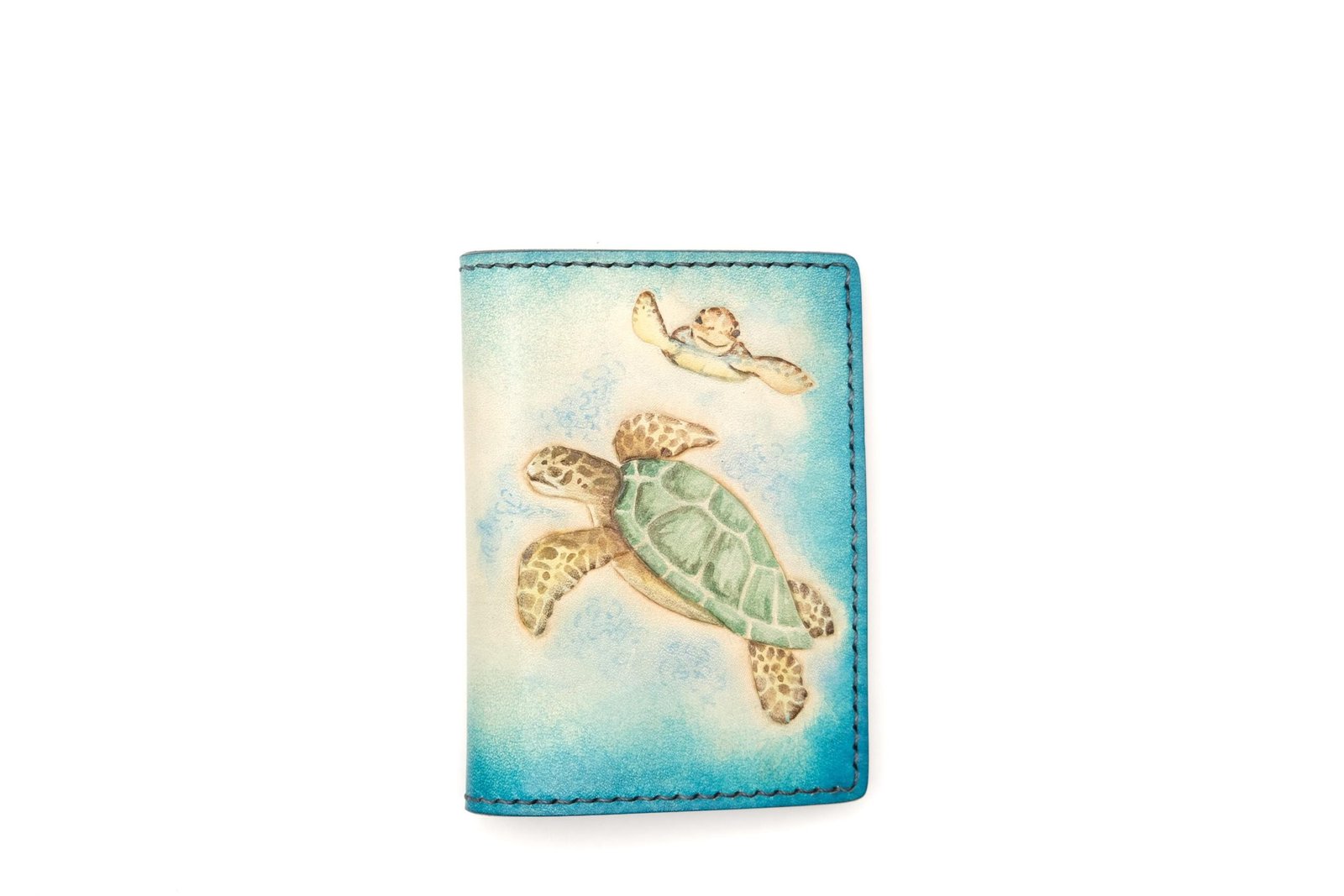 Mini Leather Wallet with Hand-Carved Sea Turtle and Baby – Honu Wallet, Ocean Lover Gift