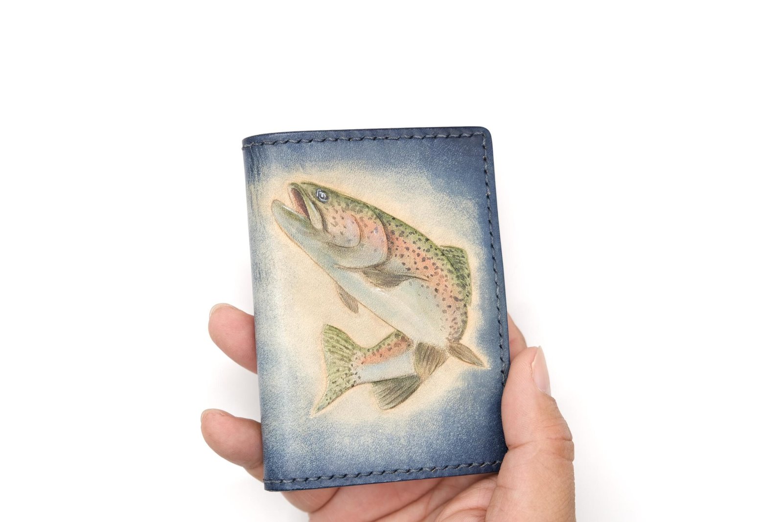 Mini Leather Wallet with Hand-Carved Rainbow Trout – Handmade Gift for Fishermen - Image 5