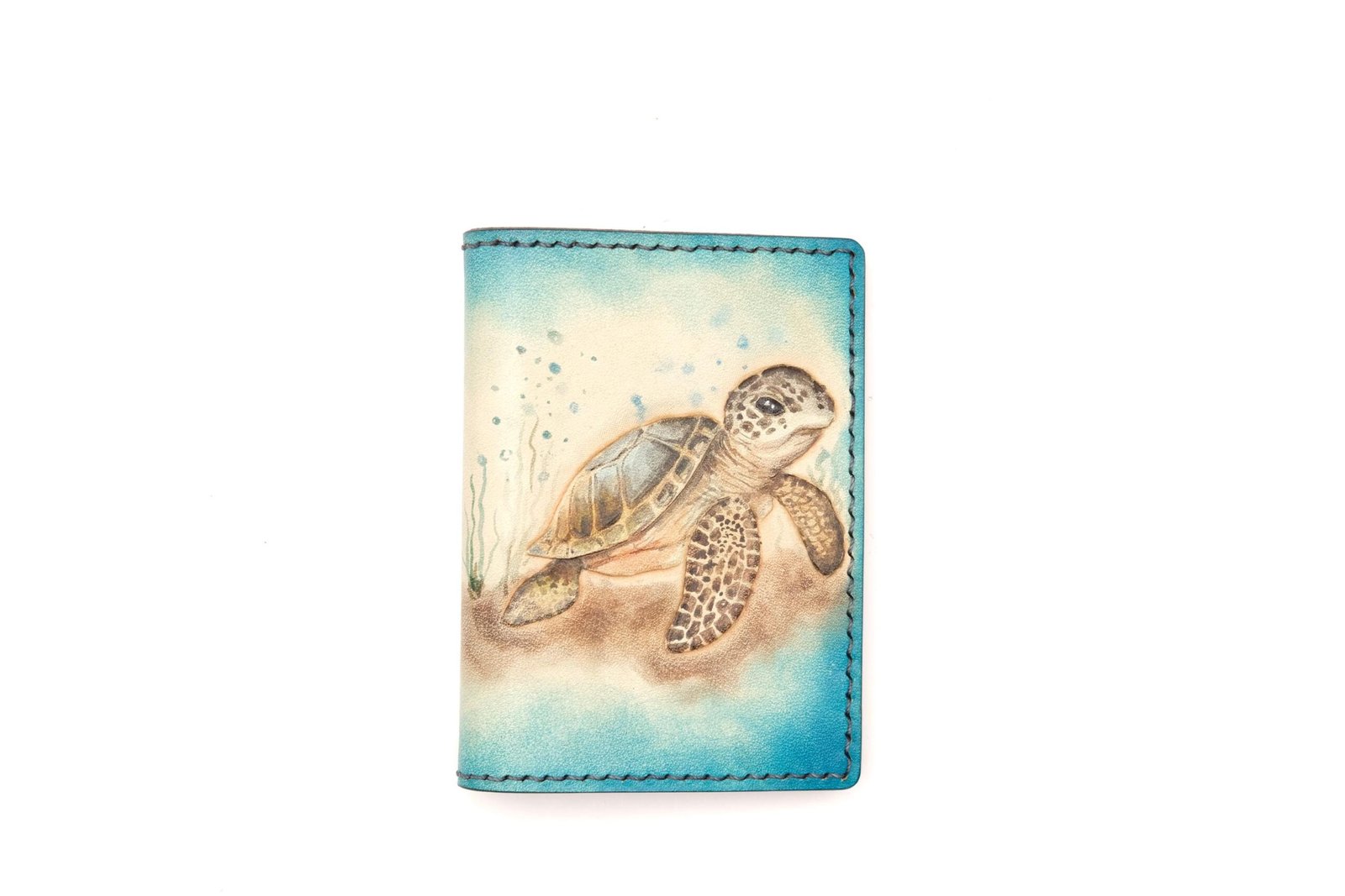 Mini Leather Wallet with Hand-Carved Baby Sea Turtle – Handmade Ocean Wallet – Minimalist Wallet – Gift for Turtle Lovers