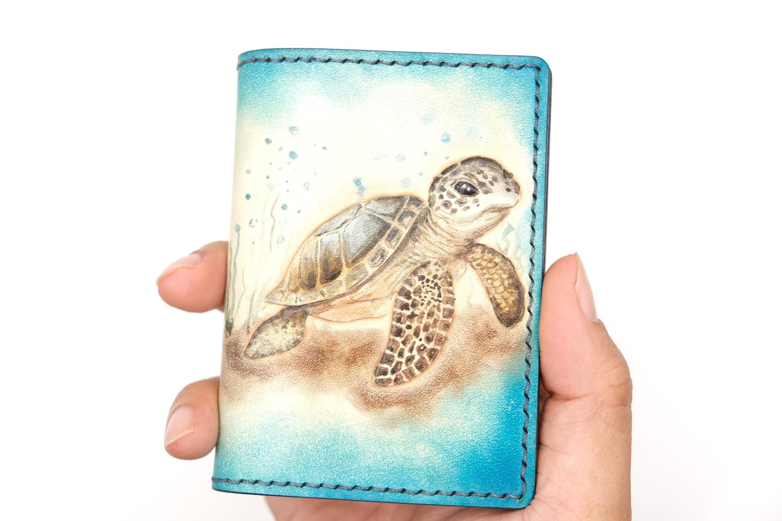 Mini Leather Wallet with Hand-Carved Baby Sea Turtle – Handmade Ocean Wallet – Minimalist Wallet – Gift for Turtle Lovers - Image 2