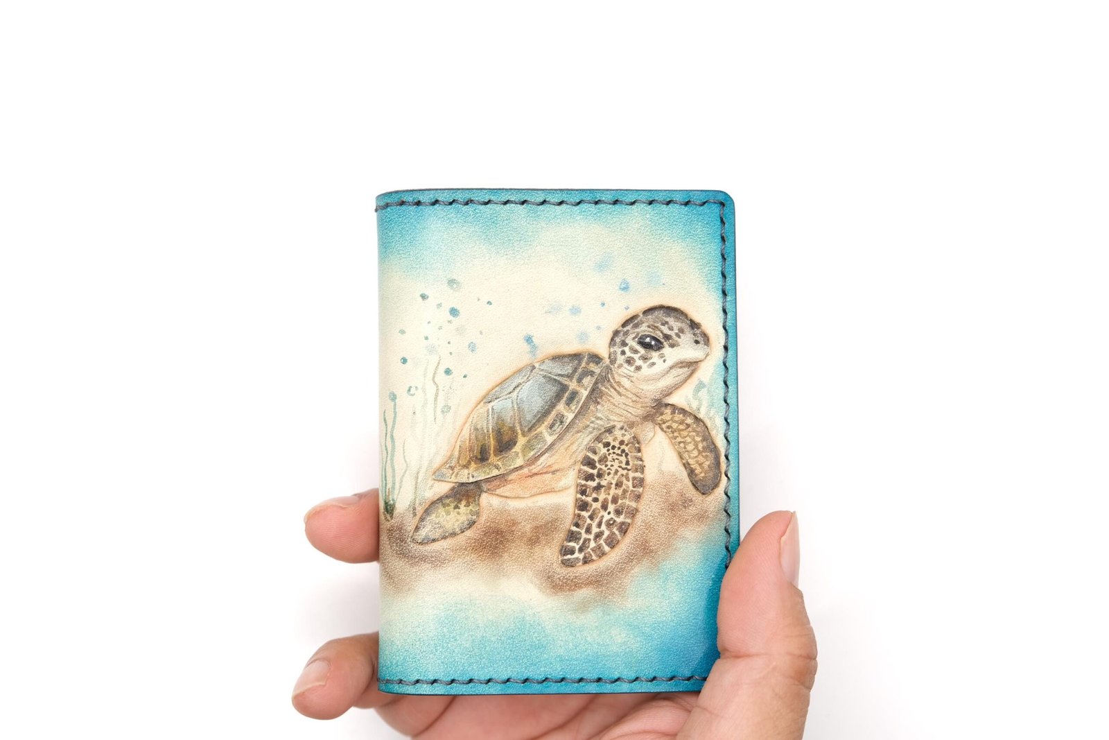 Mini Leather Wallet with Hand-Carved Baby Sea Turtle – Handmade Ocean Wallet – Minimalist Wallet – Gift for Turtle Lovers - Image 4