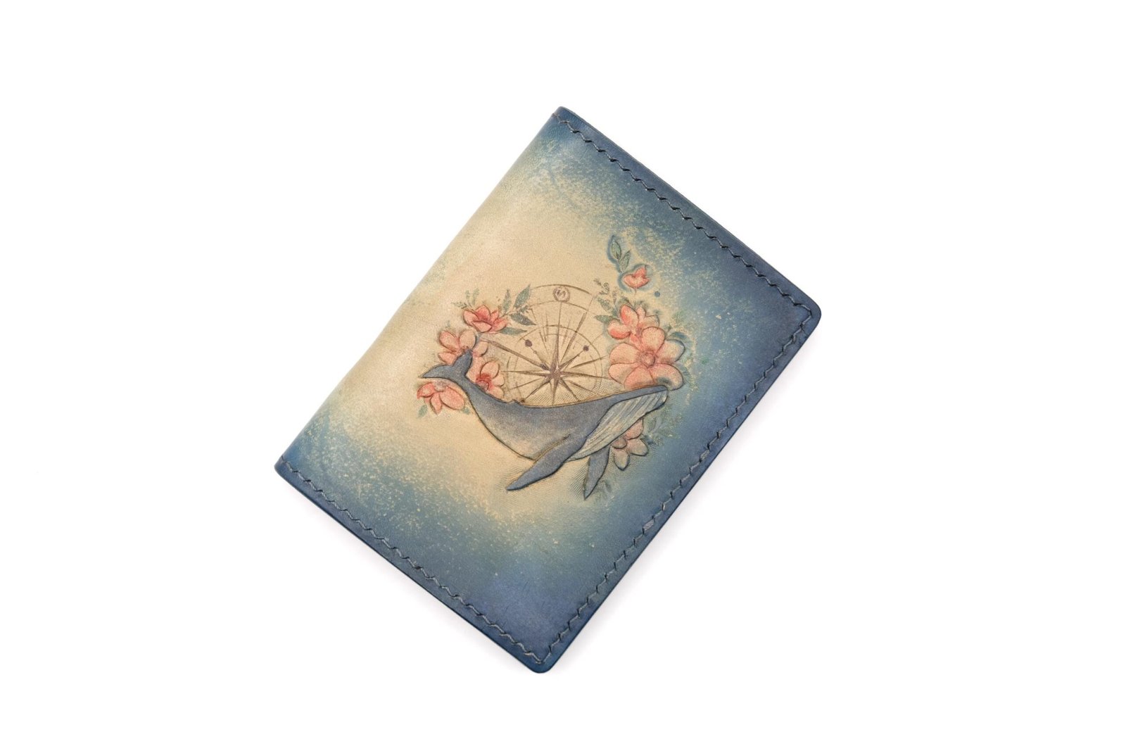Mini Leather Wallet with Hand-Carved Whale and Compass Design – Ocean Theme Handmade Wallet - Unique Gift for Men Women - Image 3