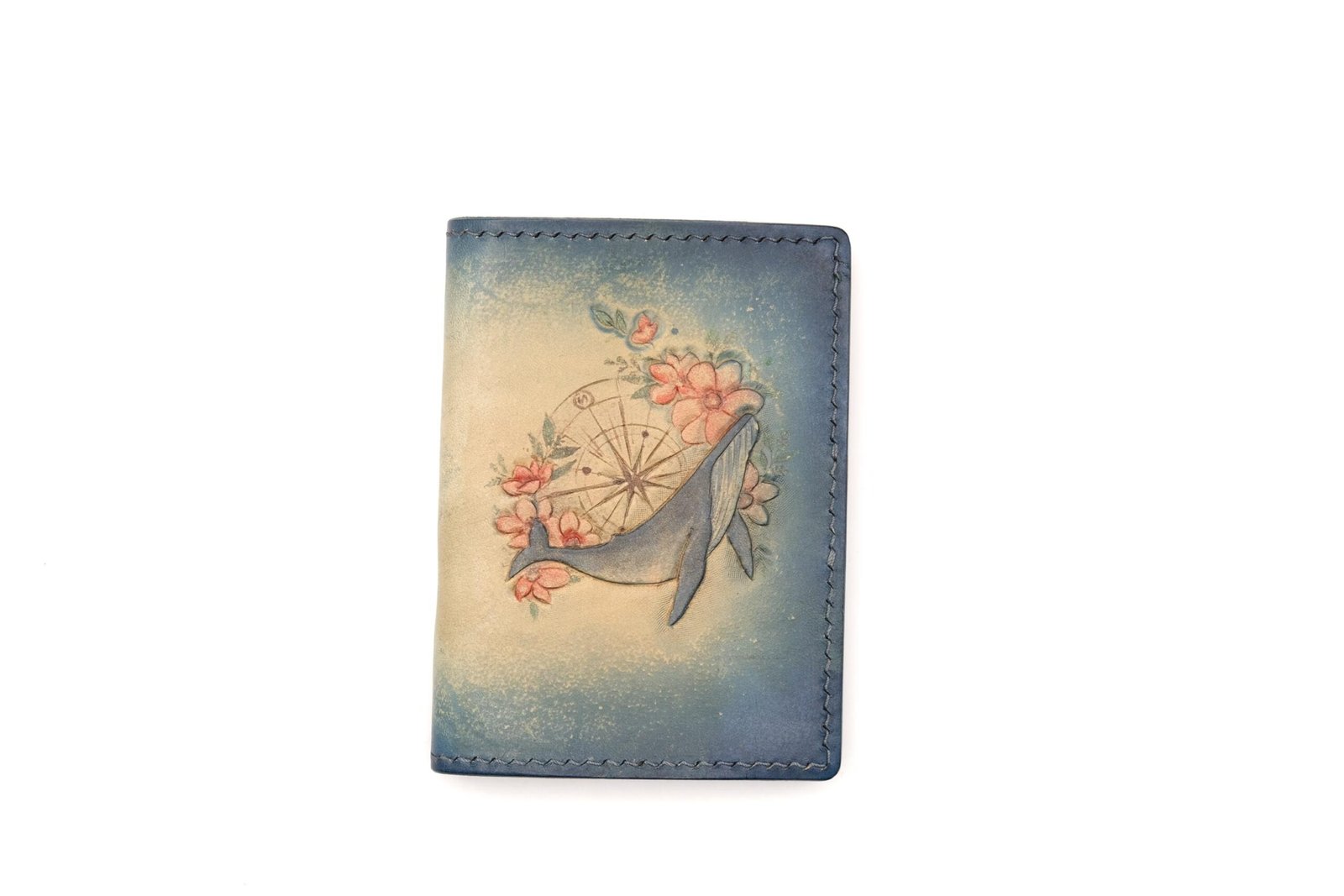Mini Leather Wallet with Hand-Carved Whale and Compass Design – Ocean Theme Handmade Wallet - Unique Gift for Men Women