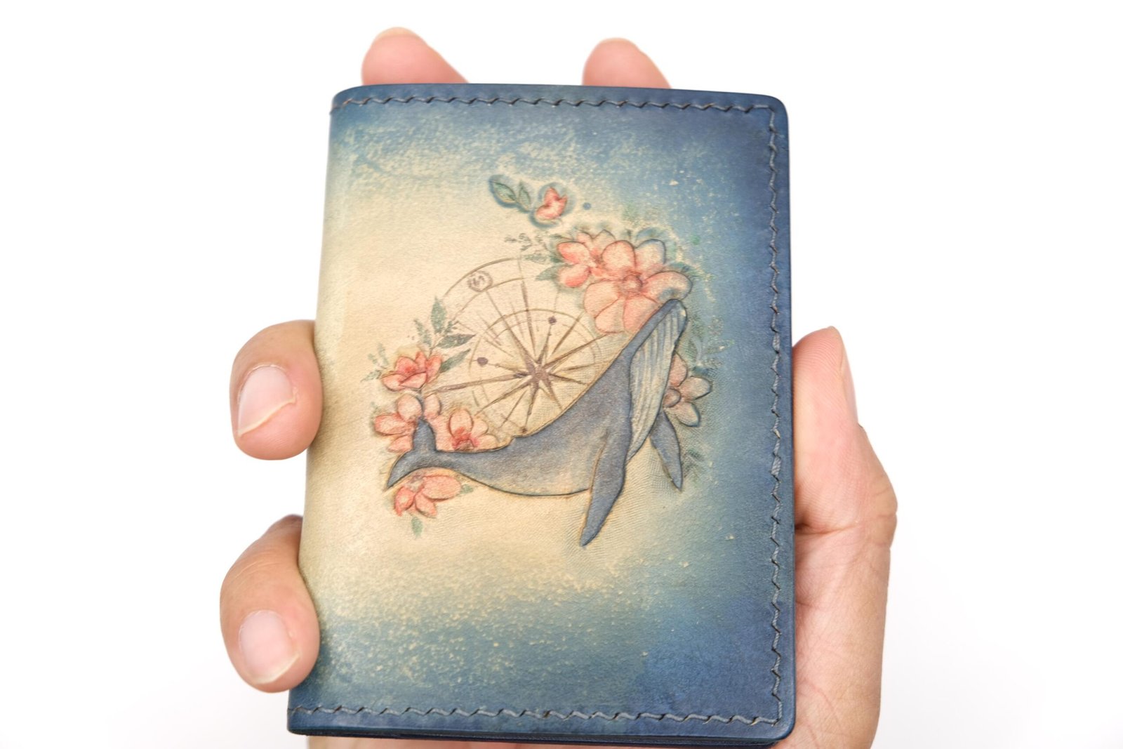 Mini Leather Wallet with Hand-Carved Whale and Compass Design – Ocean Theme Handmade Wallet - Unique Gift for Men Women - Image 2