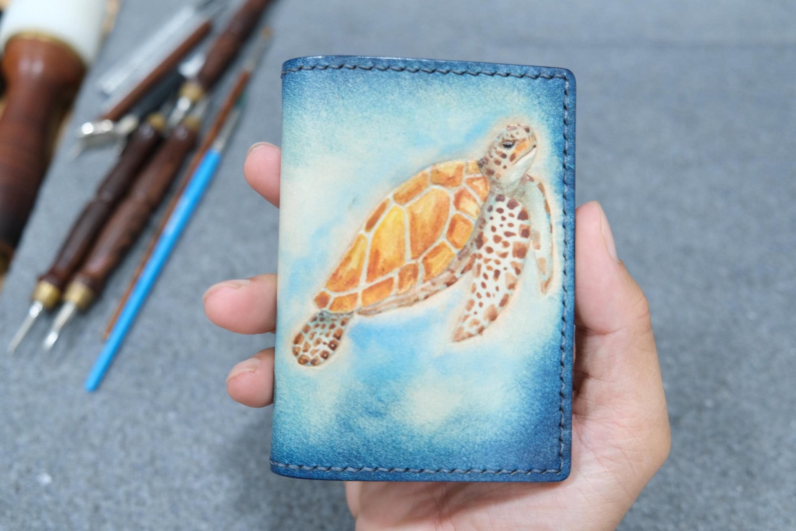 Mini Leather Wallet with Hand-Carved Sea Turtle – Handmade Leather Wallet, Leather Unique Gift - Image 3