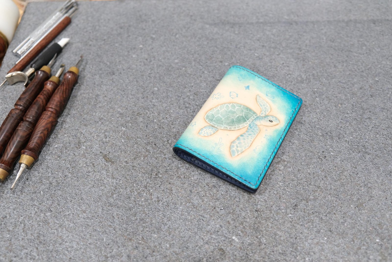Mini Leather Wallet with Hand-Carved Sea Turtle – Handmade Leather Wallet, Honu Wallet, Unique Gift - Image 3