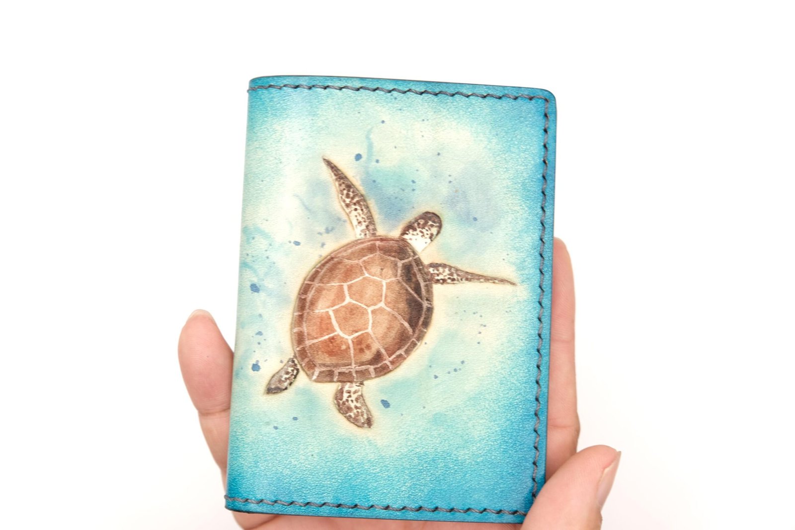 Mini Leather Wallet with Hand-Carved Sea Turtle – Handmade Leather Wallet, Unique Wallet, Unique Gift - Image 2