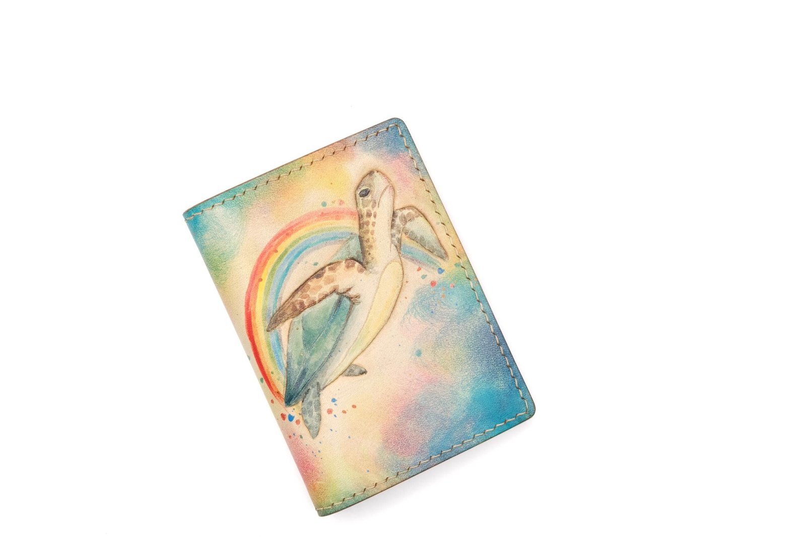 Mini Leather Wallet with Hand-Carved Sea Turtle & Rainbow – Turtle Wallet, Leather Unique Gift - Image 4