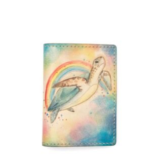 Mini Leather Wallet with Hand-Carved Sea Turtle & Rainbow – Turtle Wallet, Leather Unique Gift