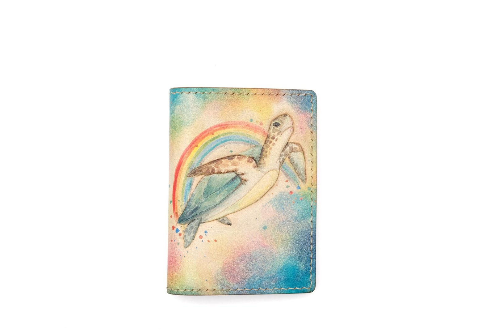 Mini Leather Wallet with Hand-Carved Sea Turtle & Rainbow – Turtle Wallet, Leather Unique Gift