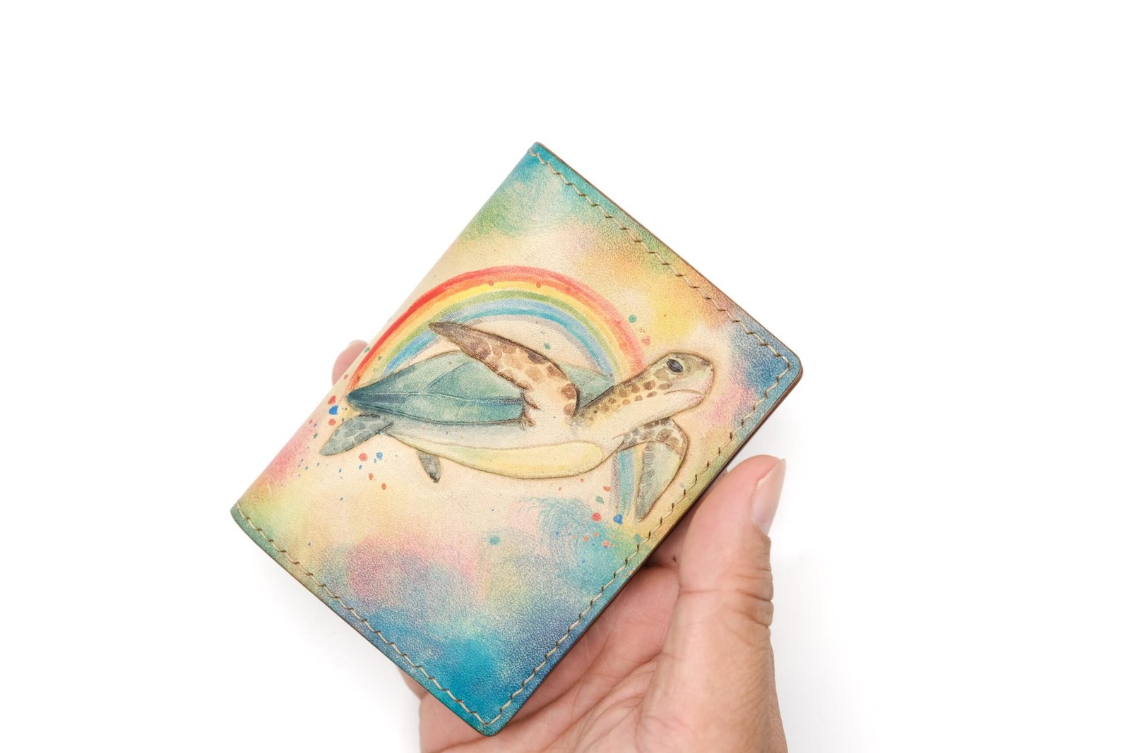 Mini Leather Wallet with Hand-Carved Sea Turtle & Rainbow – Turtle Wallet, Leather Unique Gift - Image 7