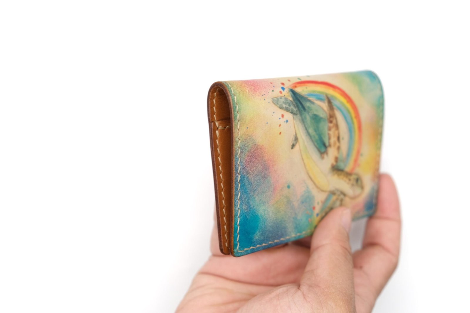 Mini Leather Wallet with Hand-Carved Sea Turtle & Rainbow – Turtle Wallet, Leather Unique Gift - Image 9