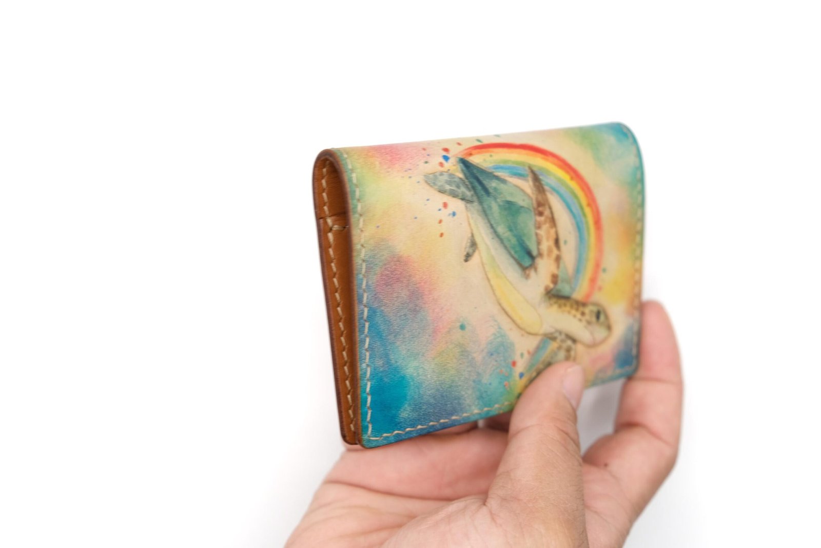 Mini Leather Wallet with Hand-Carved Sea Turtle & Rainbow – Turtle Wallet, Leather Unique Gift - Image 8