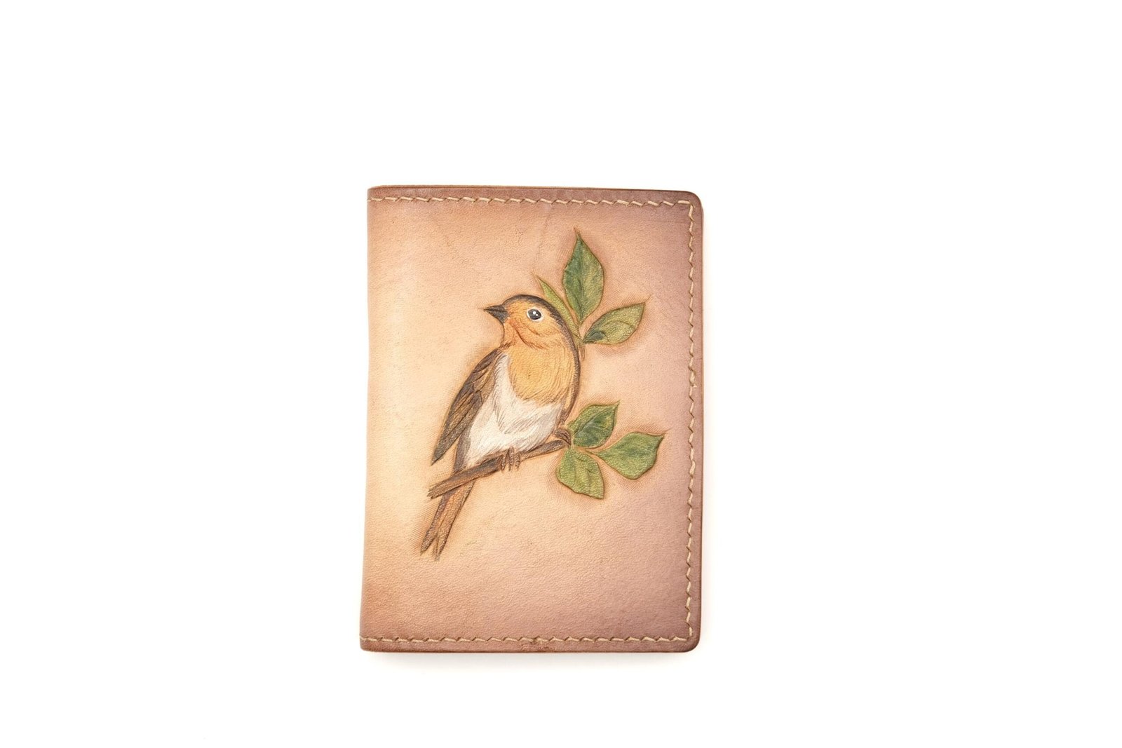 Mini Leather Wallet with Hand-Carved Songbird on Branch – Handmade Leather Wallet, Leather Wallet Gift