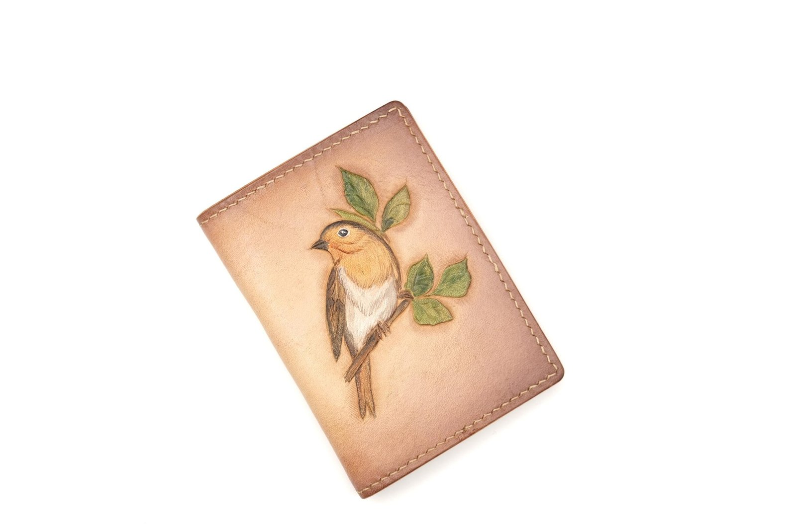 Mini Leather Wallet with Hand-Carved Songbird on Branch – Handmade Leather Wallet, Leather Wallet Gift - Image 3