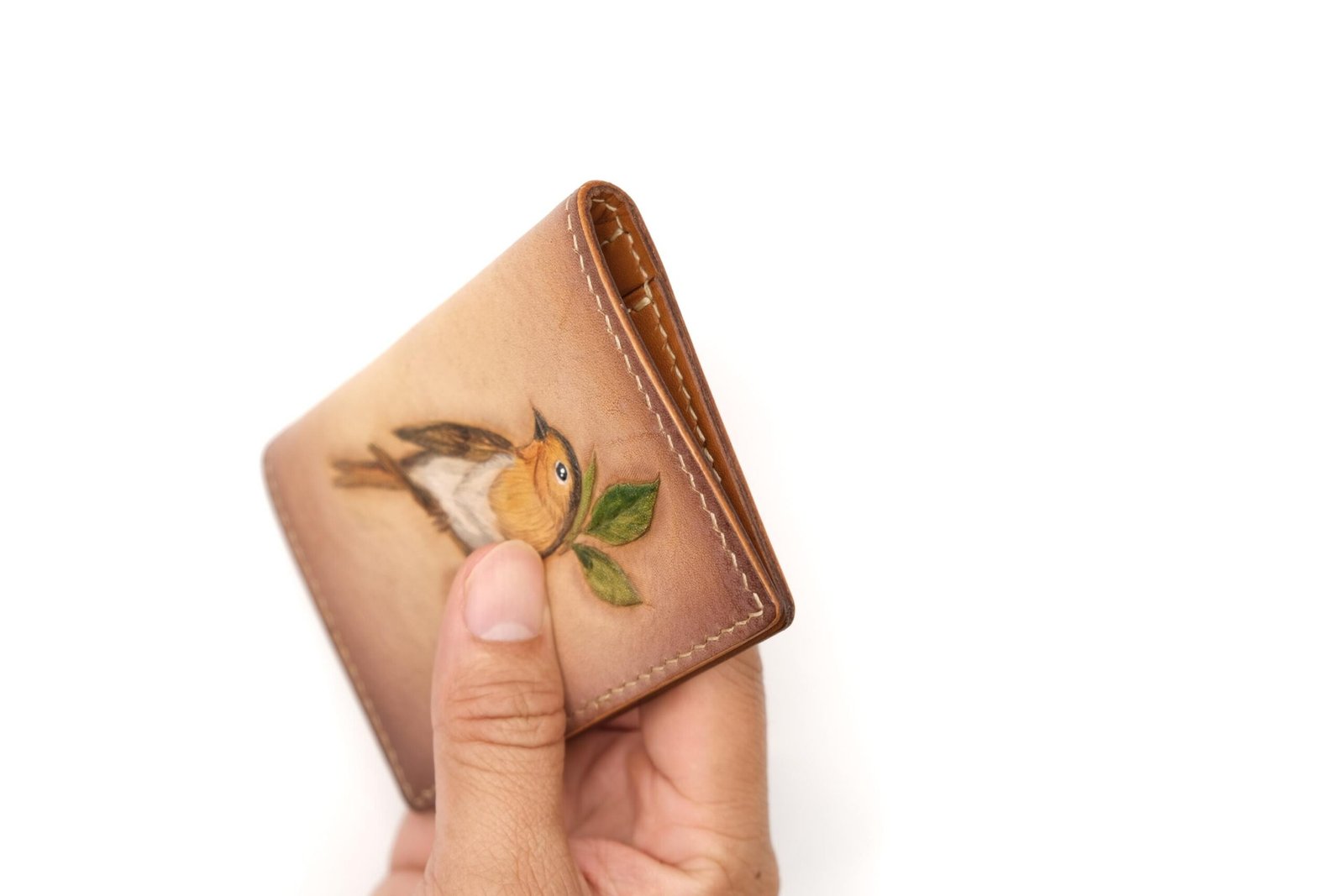 Mini Leather Wallet with Hand-Carved Songbird on Branch – Handmade Leather Wallet, Leather Wallet Gift - Image 7