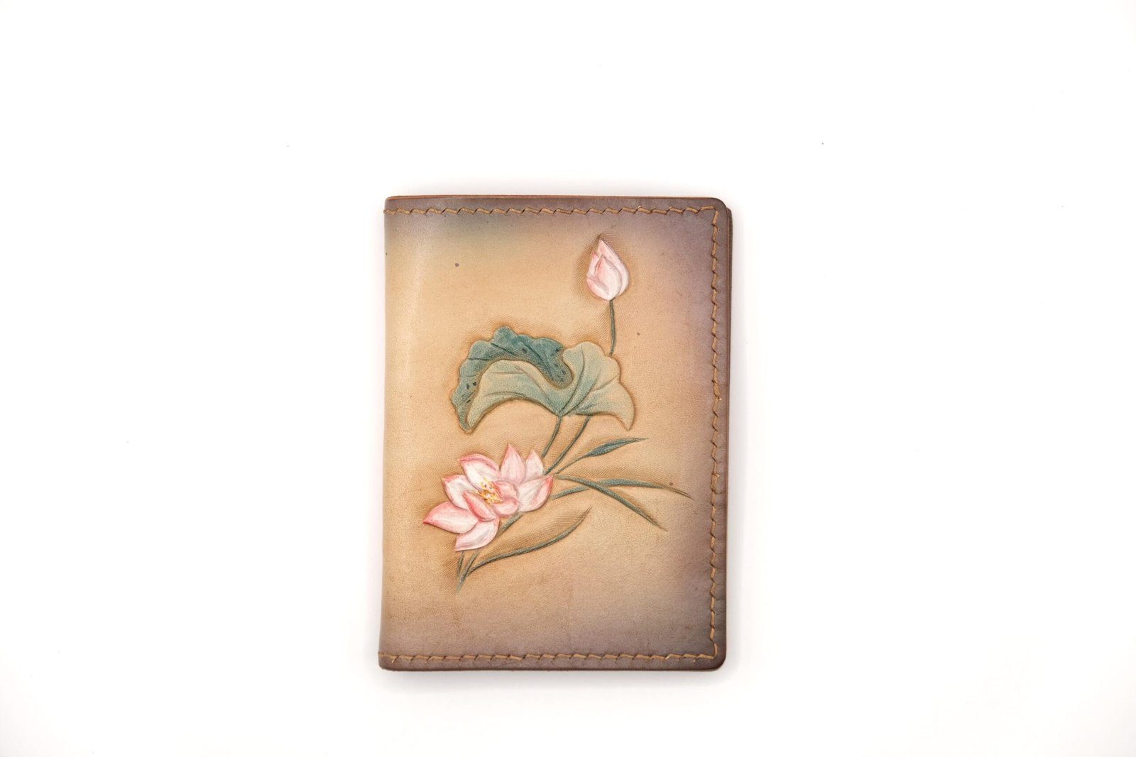Mini Leather Wallet with Hand-Carved Lotus Flower – Handmade Leather Wallet, Minimalist Wallet, Botanical Gift