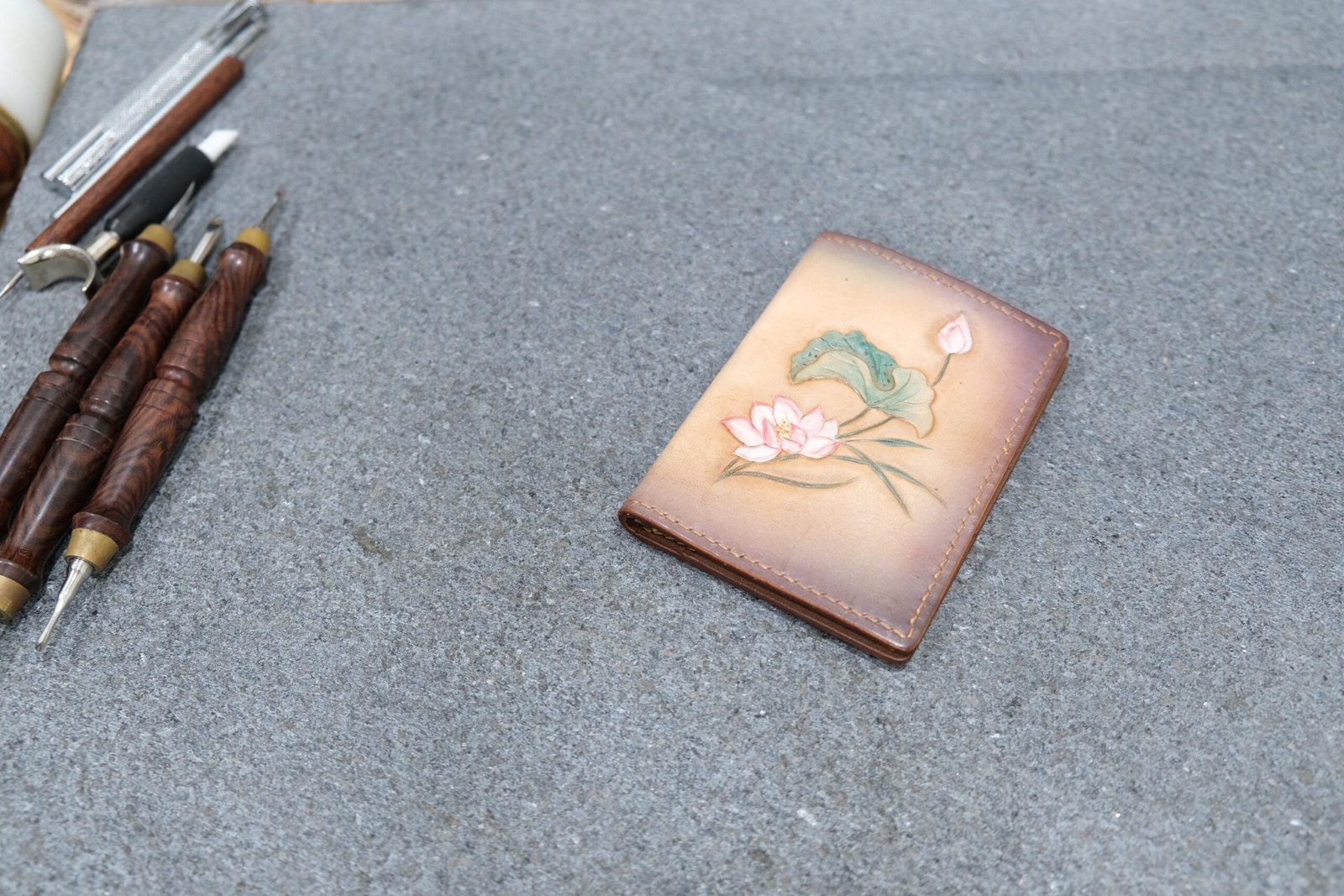 Mini Leather Wallet with Hand-Carved Lotus Flower – Handmade Leather Wallet, Minimalist Wallet, Botanical Gift - Image 3