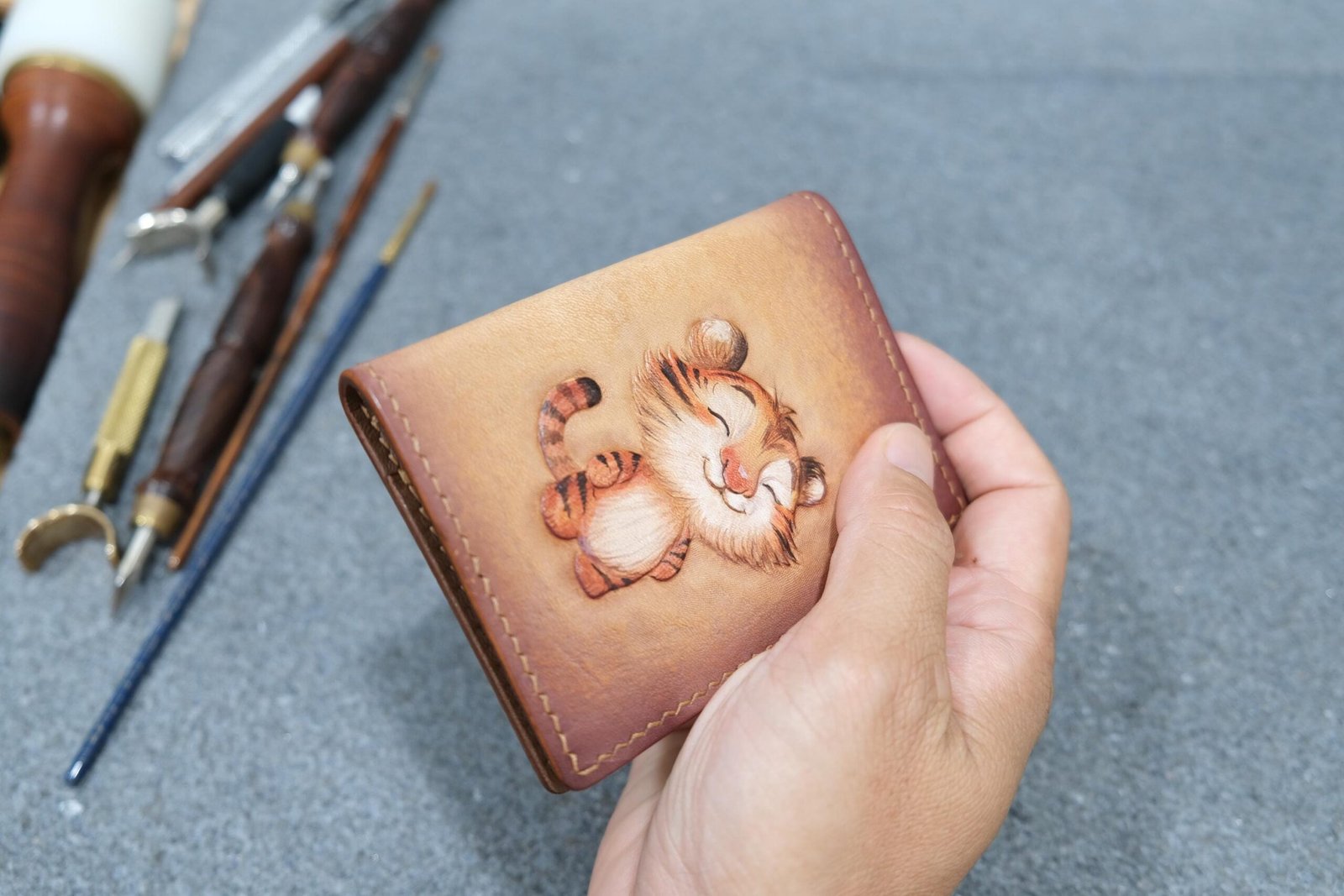 Mini Leather Wallet with Hand-Carved Tiger Cub – Handmade Leather Wallet, Cute Tiger Gift - Image 7