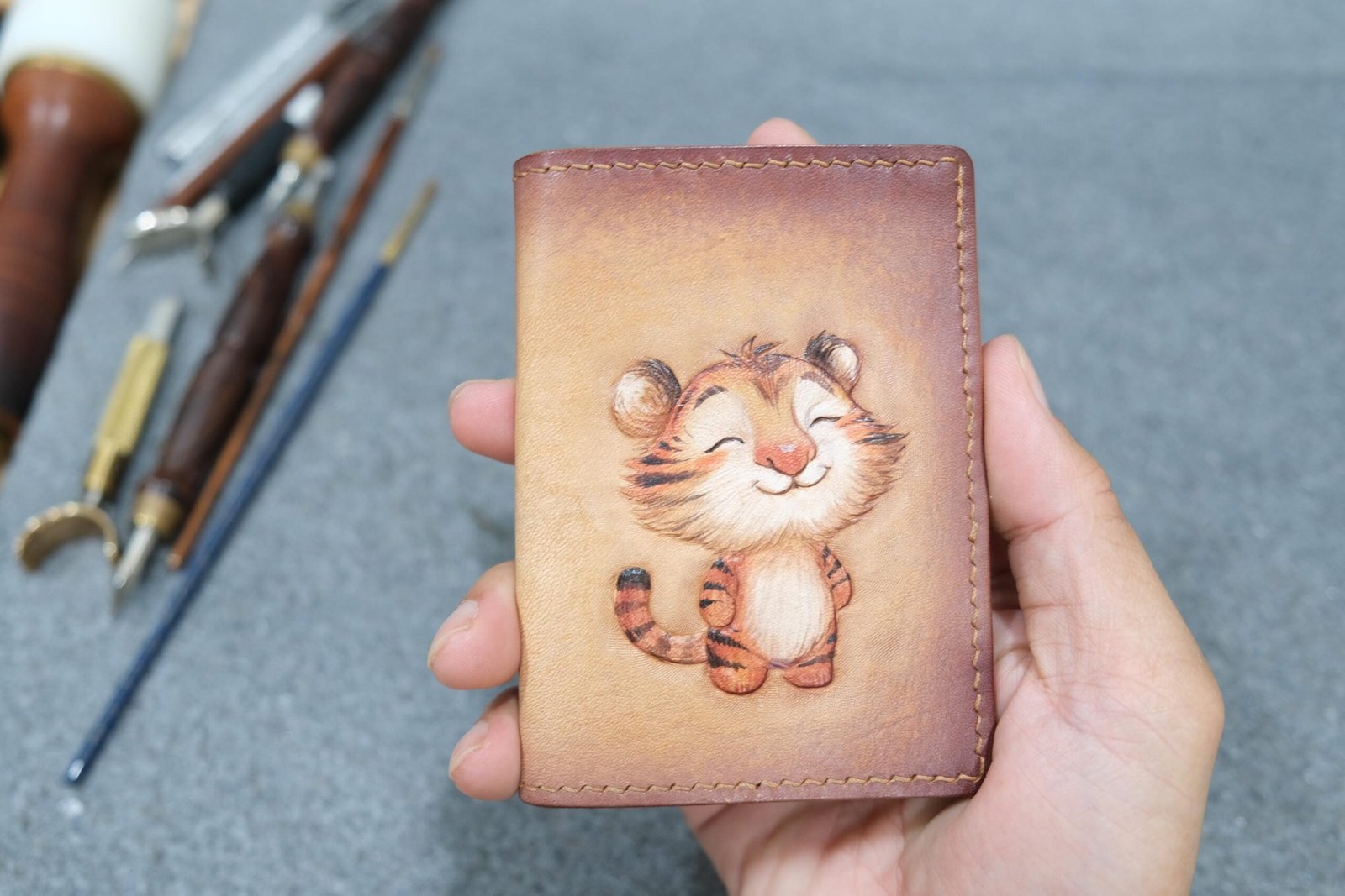 Mini Leather Wallet with Hand-Carved Tiger Cub – Handmade Leather Wallet, Cute Tiger Gift - Image 5
