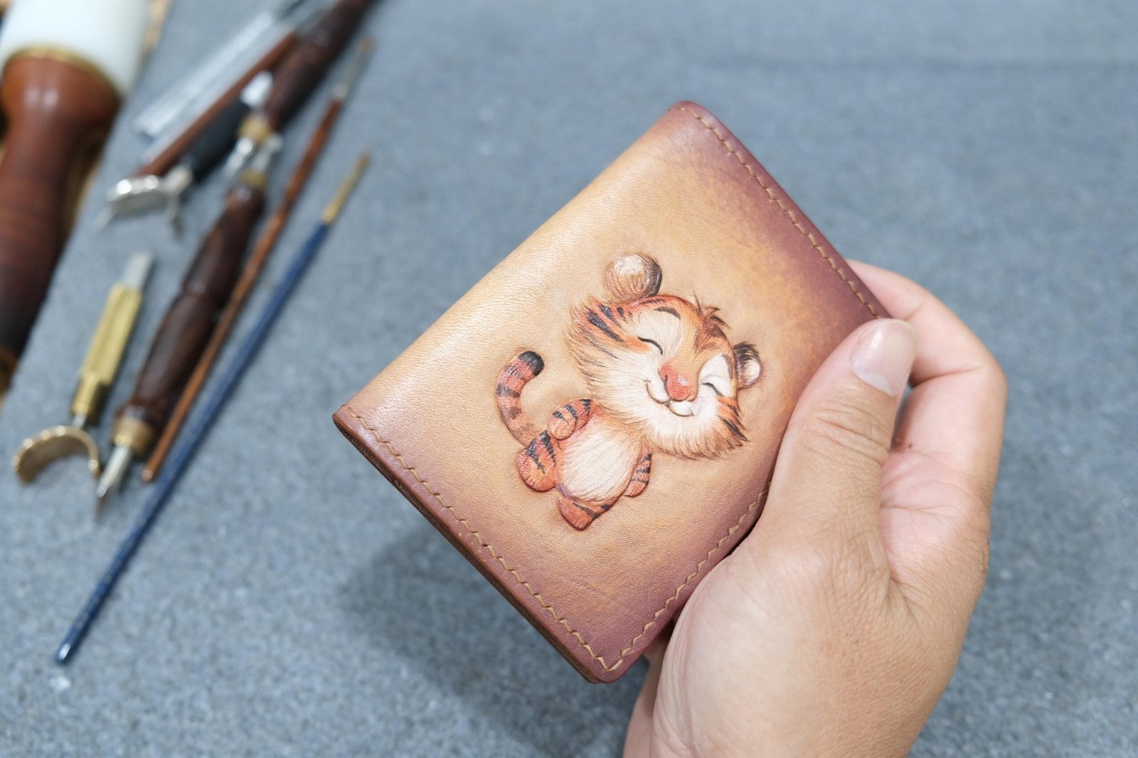 Mini Leather Wallet with Hand-Carved Tiger Cub – Handmade Leather Wallet, Cute Tiger Gift - Image 6