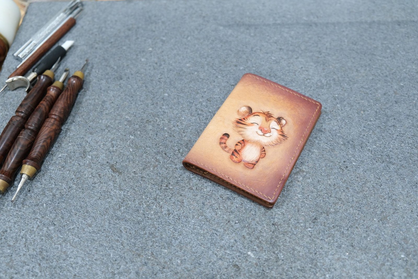 Mini Leather Wallet with Hand-Carved Tiger Cub – Handmade Leather Wallet, Cute Tiger Gift - Image 4