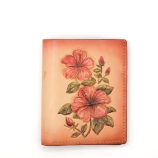 Vertical Bifold Leather Wallet with Hand-Carved Hibiscus – Handmade Leather Wallet, Floral Wallet, Hawaii Gift