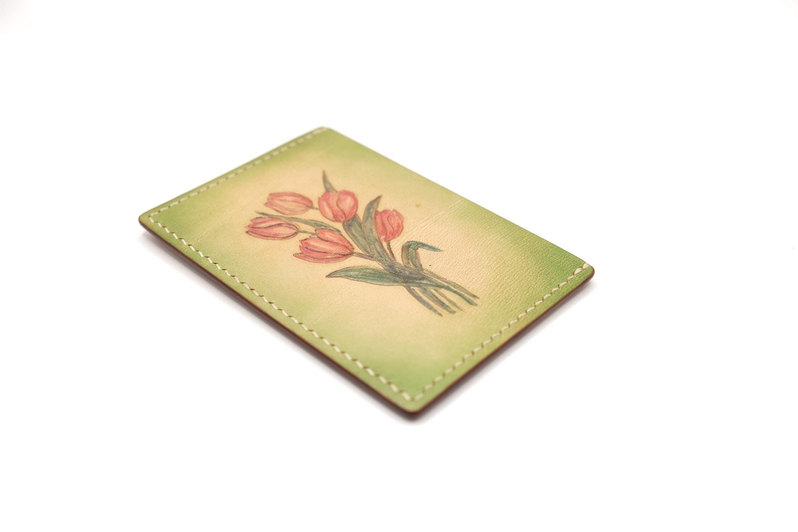 Leather Card Holder with Hand-Carved Tulips – Handmade Floral Wallet, Leather Gift for Her - Image 2