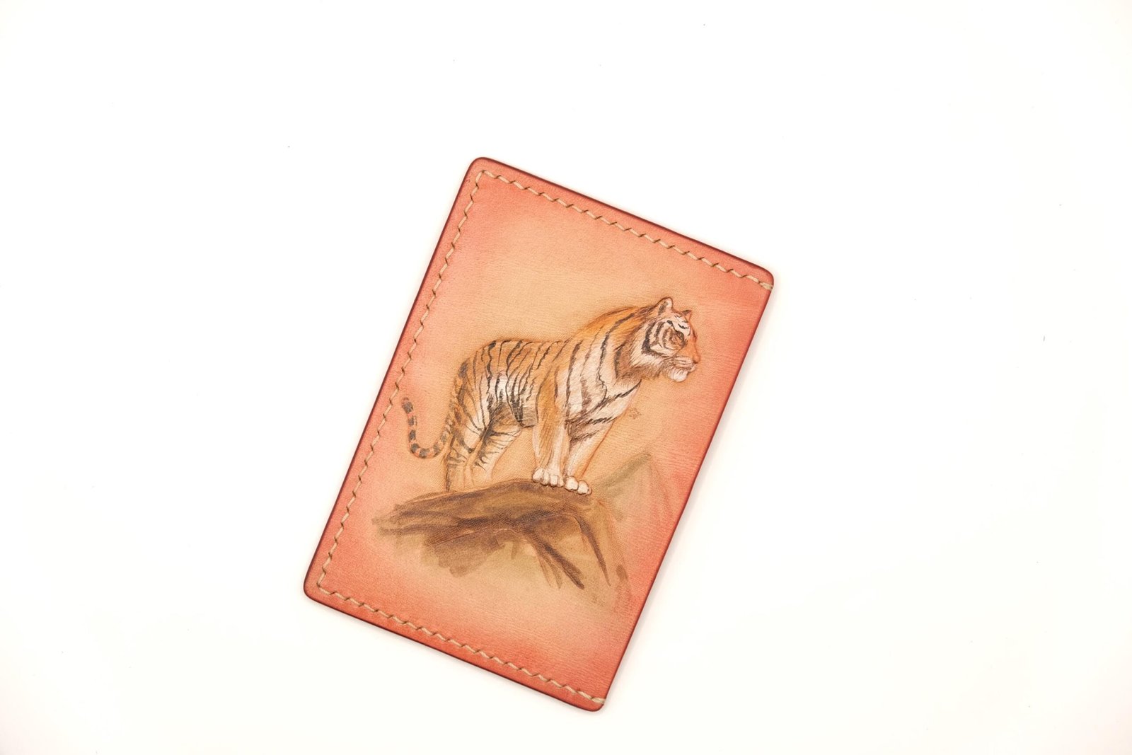 Leather Card Holder with Hand-Carved Tiger – Handmade Minimalist Wallet, Strength Symbol Gift for Him - Image 3