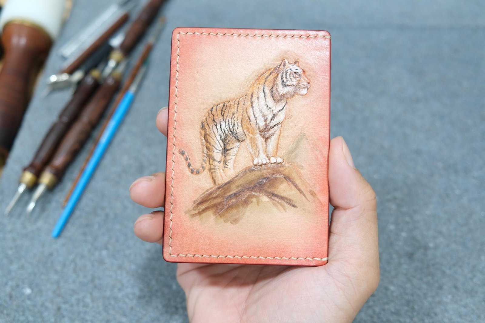Leather Card Holder with Hand-Carved Tiger – Handmade Minimalist Wallet, Strength Symbol Gift for Him - Image 6
