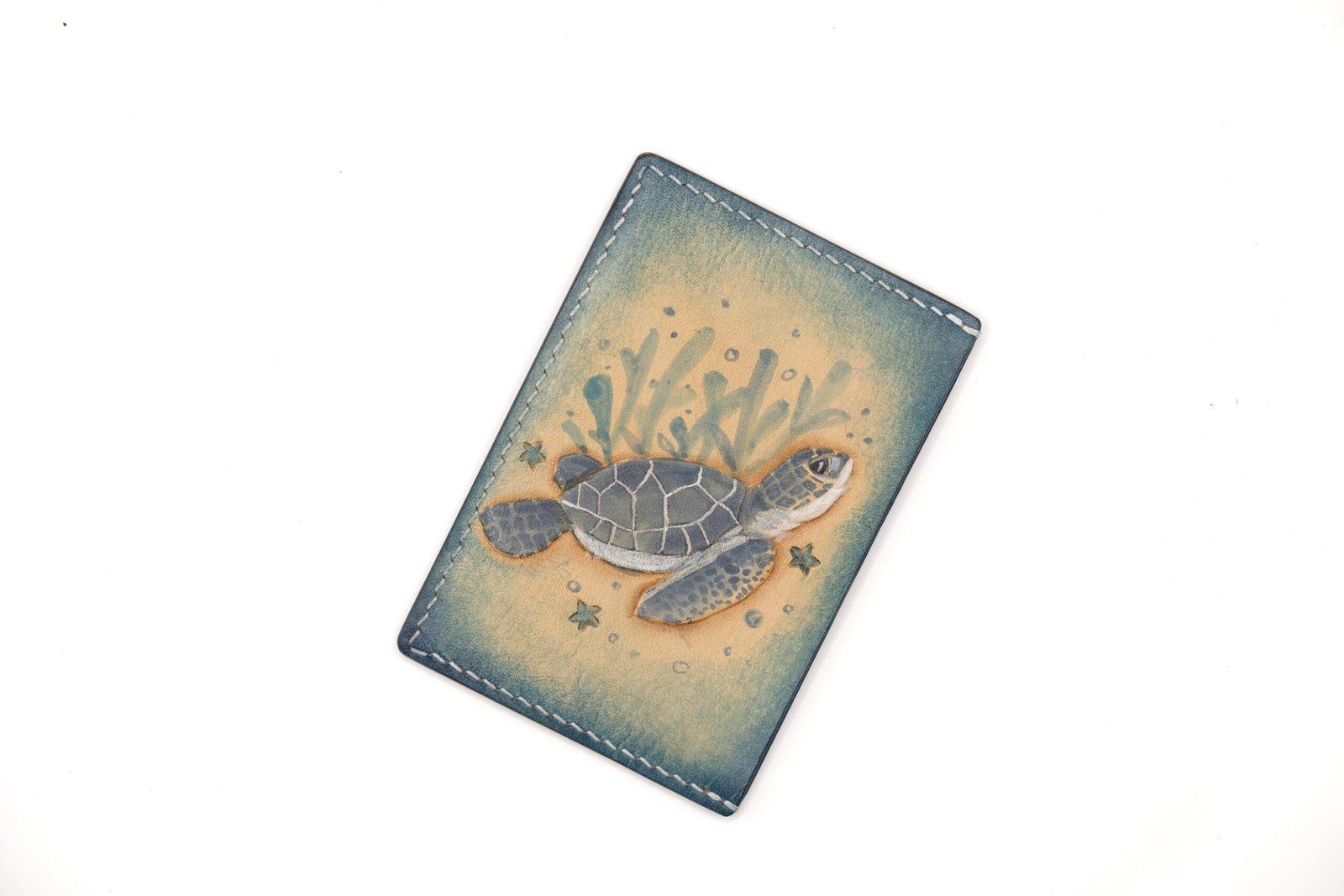 Leather Card Holder with Hand-Carved Sea Turtle – Handmade Slim Wallet, Marine Life Card Wallet - Image 2