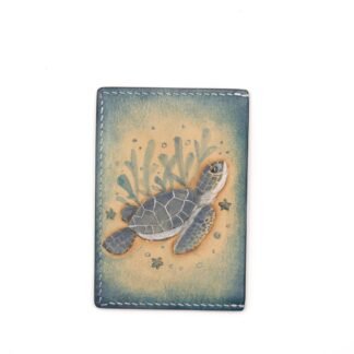 Leather Card Holder with Hand-Carved Sea Turtle – Handmade Slim Wallet, Marine Life Card Wallet