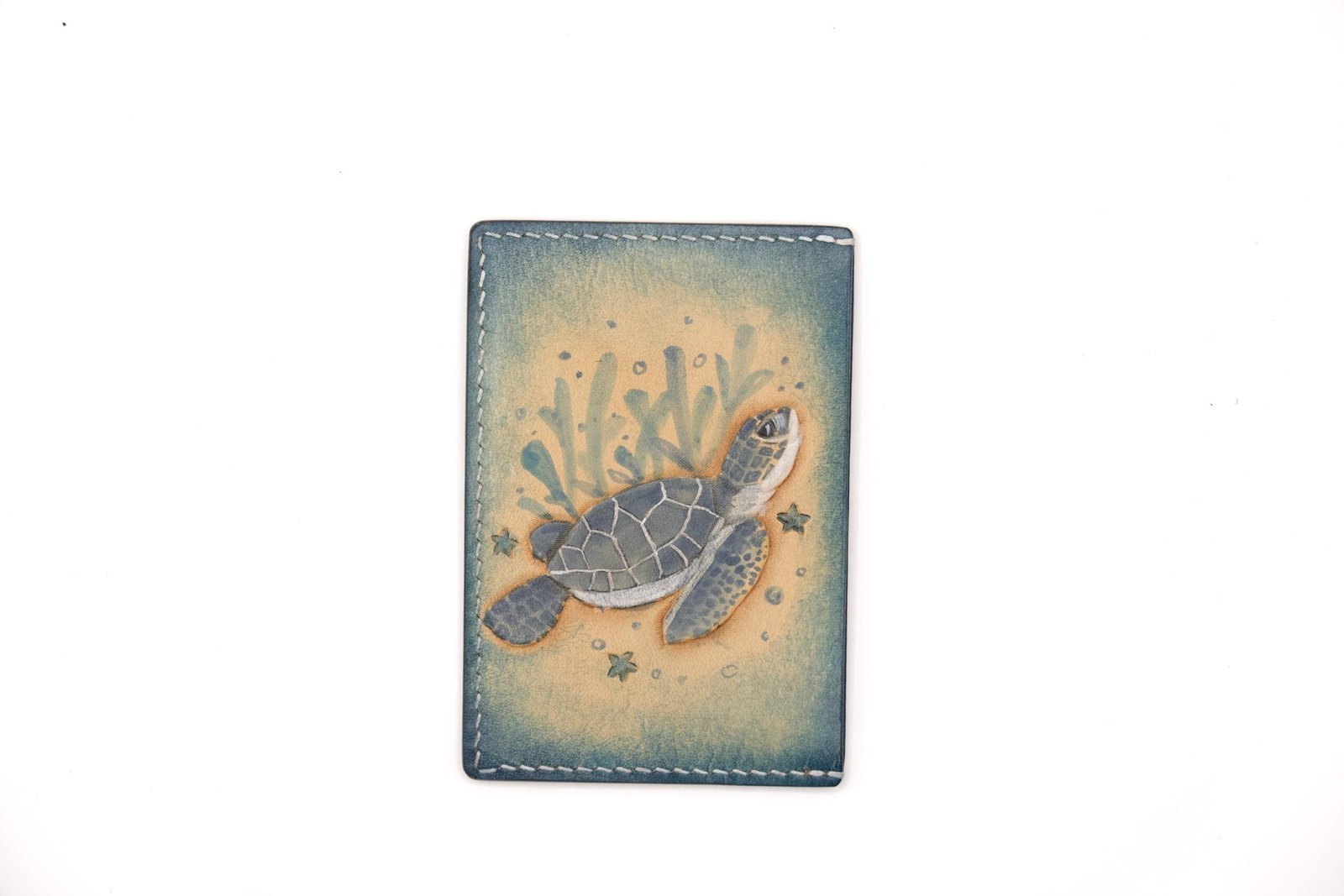 Leather Card Holder with Hand-Carved Sea Turtle – Handmade Slim Wallet, Marine Life Card Wallet