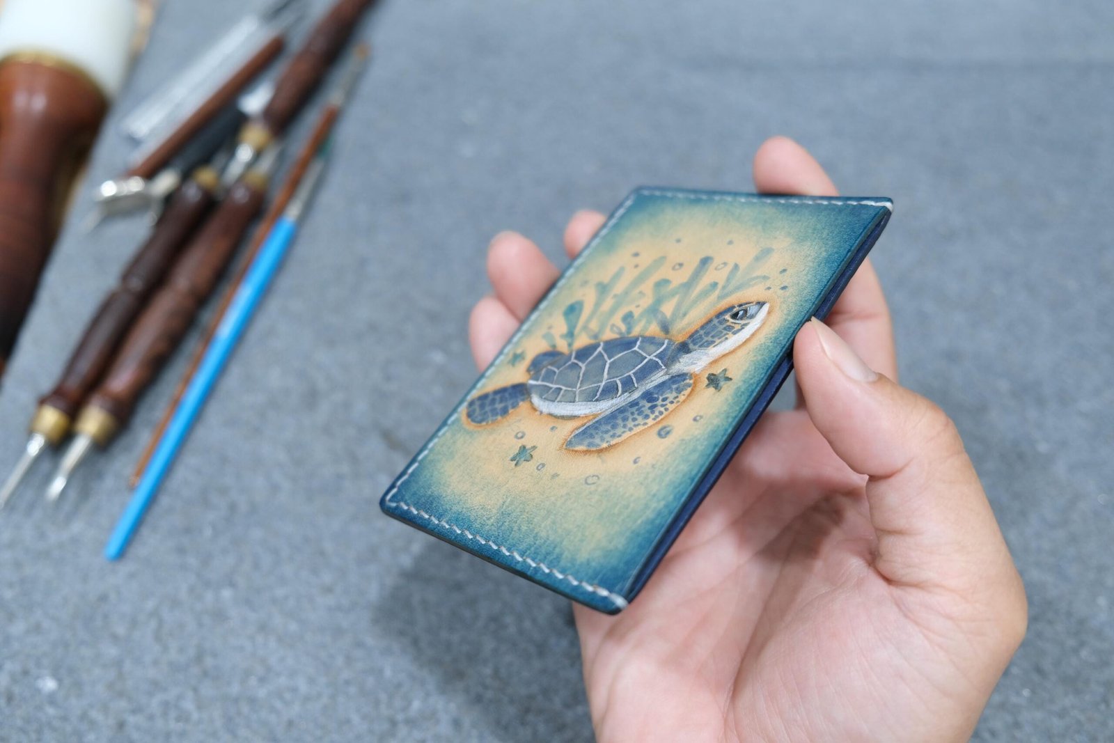 Leather Card Holder with Hand-Carved Sea Turtle – Handmade Slim Wallet, Marine Life Card Wallet - Image 5